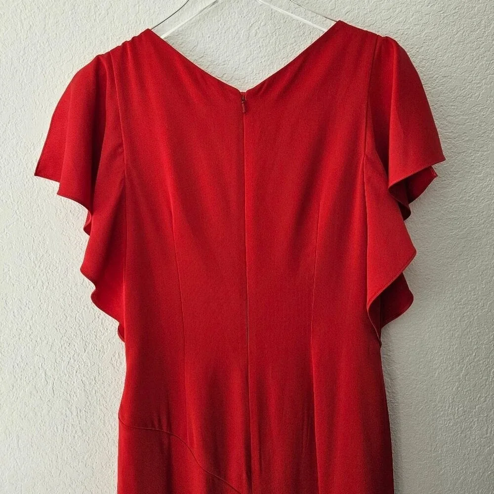 Theia Red Asymmetrical Ruched Flutter Sleeve Gown Size 8 Formal Event Black Tie